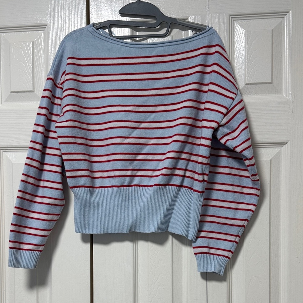 Forever 21 Light Blue Off-Shoulder Sweater with Red Stripes
